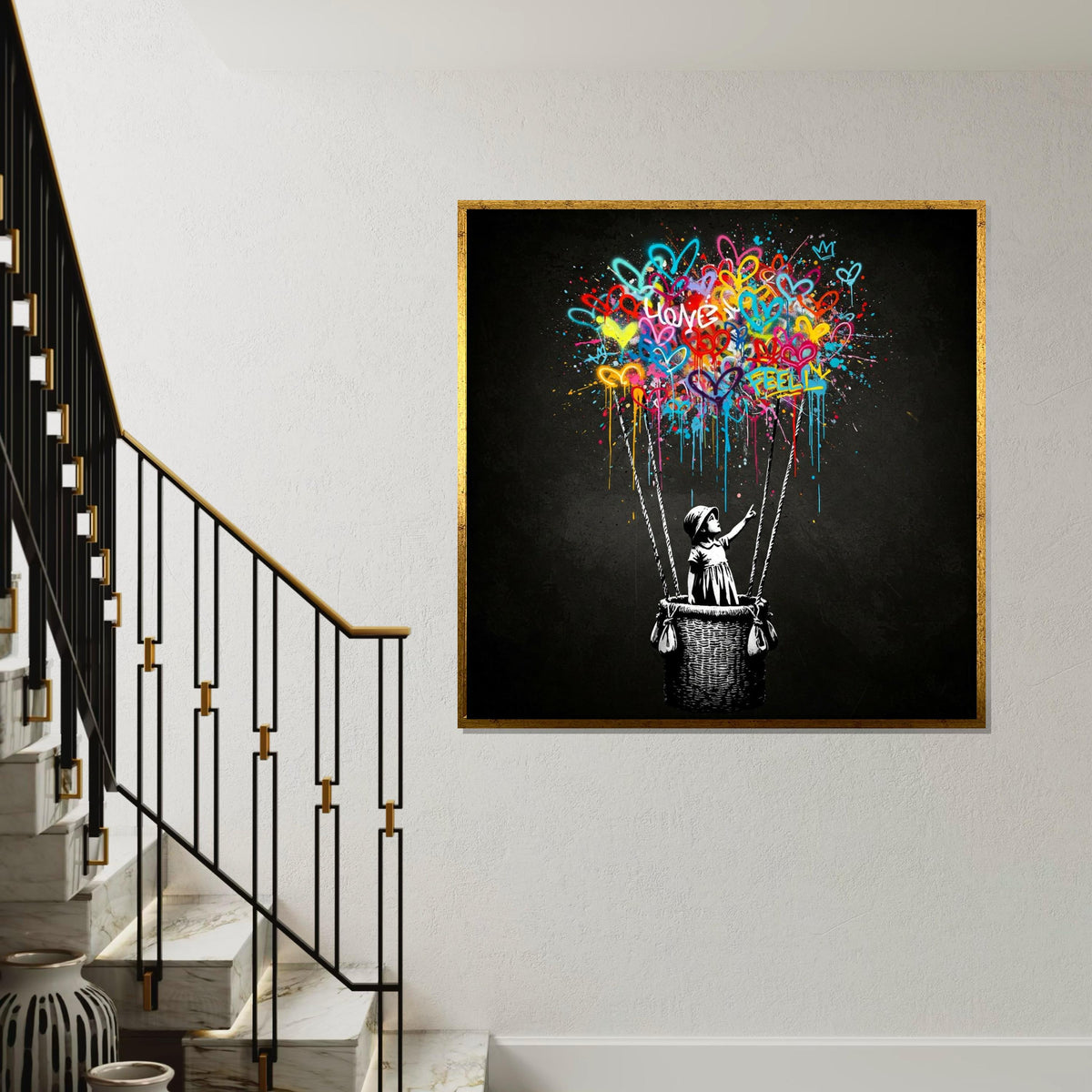 Banksy Style Balloon Girl Graffiti Canvas Print,Colorful Hearts Hot Air Balloon Street Art, Urban Spray Paint Pop Wall Decor