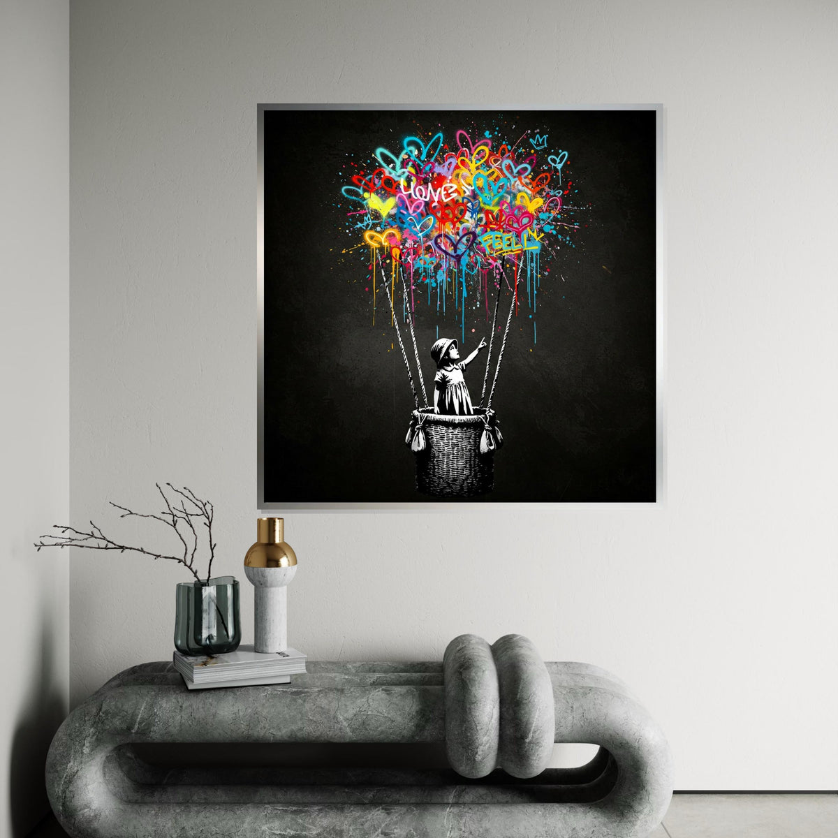 Banksy Style Balloon Girl Graffiti Canvas Print,Colorful Hearts Hot Air Balloon Street Art, Urban Spray Paint Pop Wall Decor