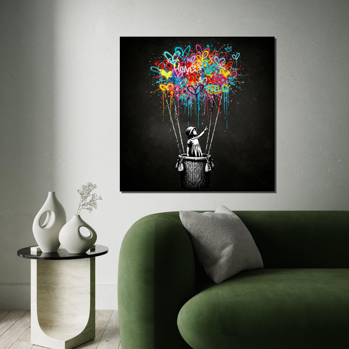 Banksy Style Balloon Girl Graffiti Canvas Print,Colorful Hearts Hot Air Balloon Street Art, Urban Spray Paint Pop Wall Decor