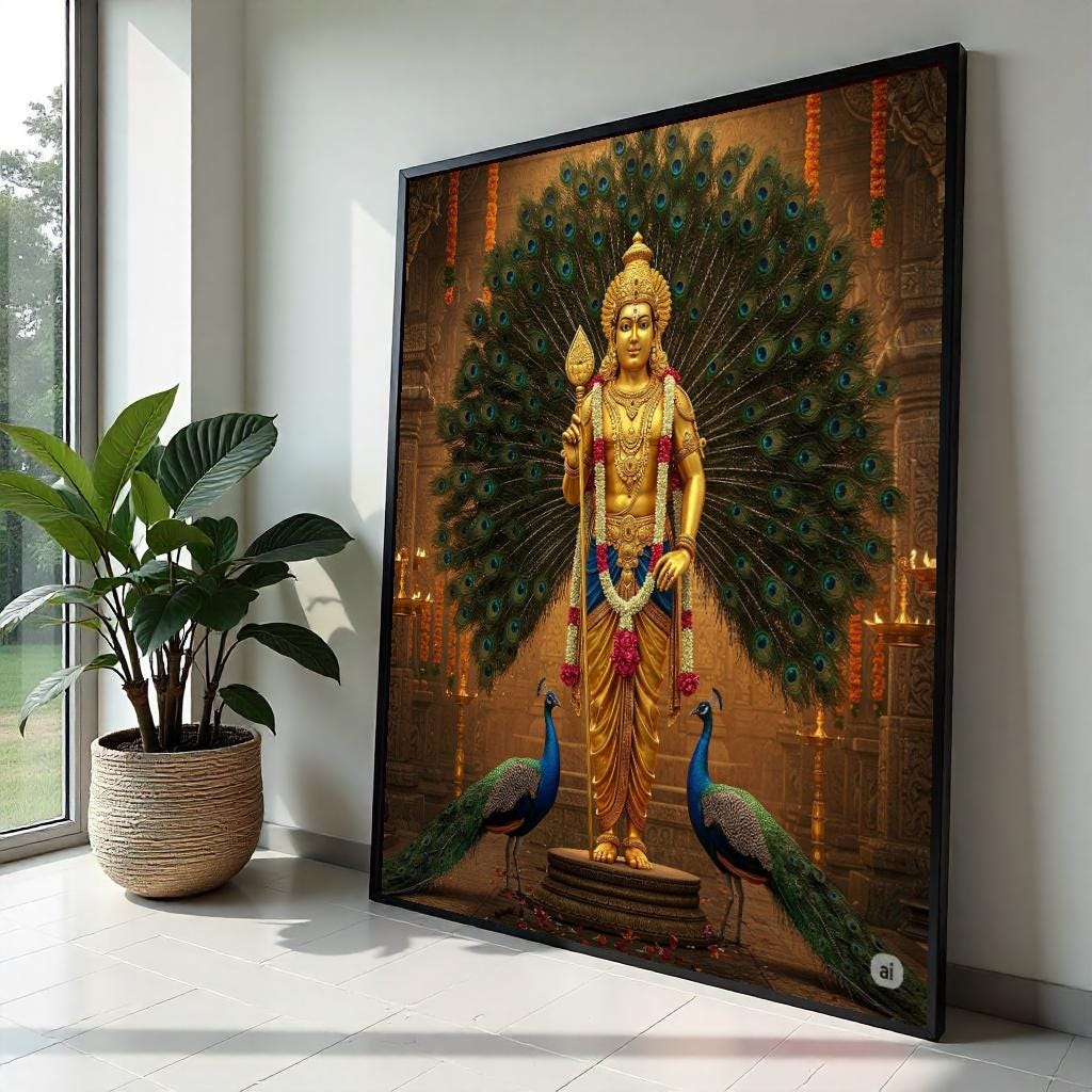 Murugan Hindu God Canvas Print – Golden Kartikeya with Peacocks Spiritual Painting, Large Indian Mythology Wall Art for Meditation Decor