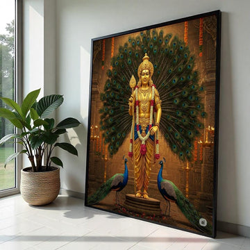 Murugan Hindu God Canvas Print – Golden Kartikeya with Peacocks Spiritual Painting, Large Indian Mythology Wall Art for Meditation Decor