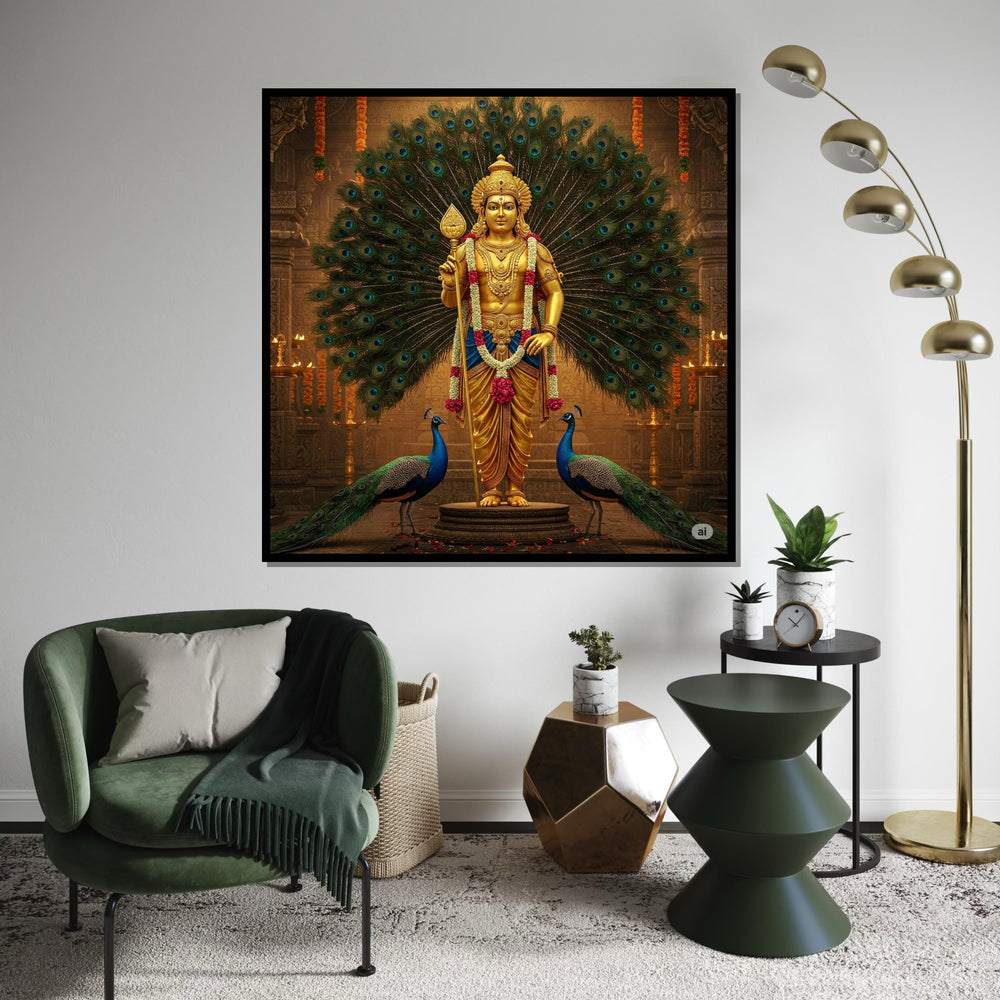 Murugan Hindu God Canvas Print – Golden Kartikeya with Peacocks Spiritual Painting, Large Indian Mythology Wall Art for Meditation Decor