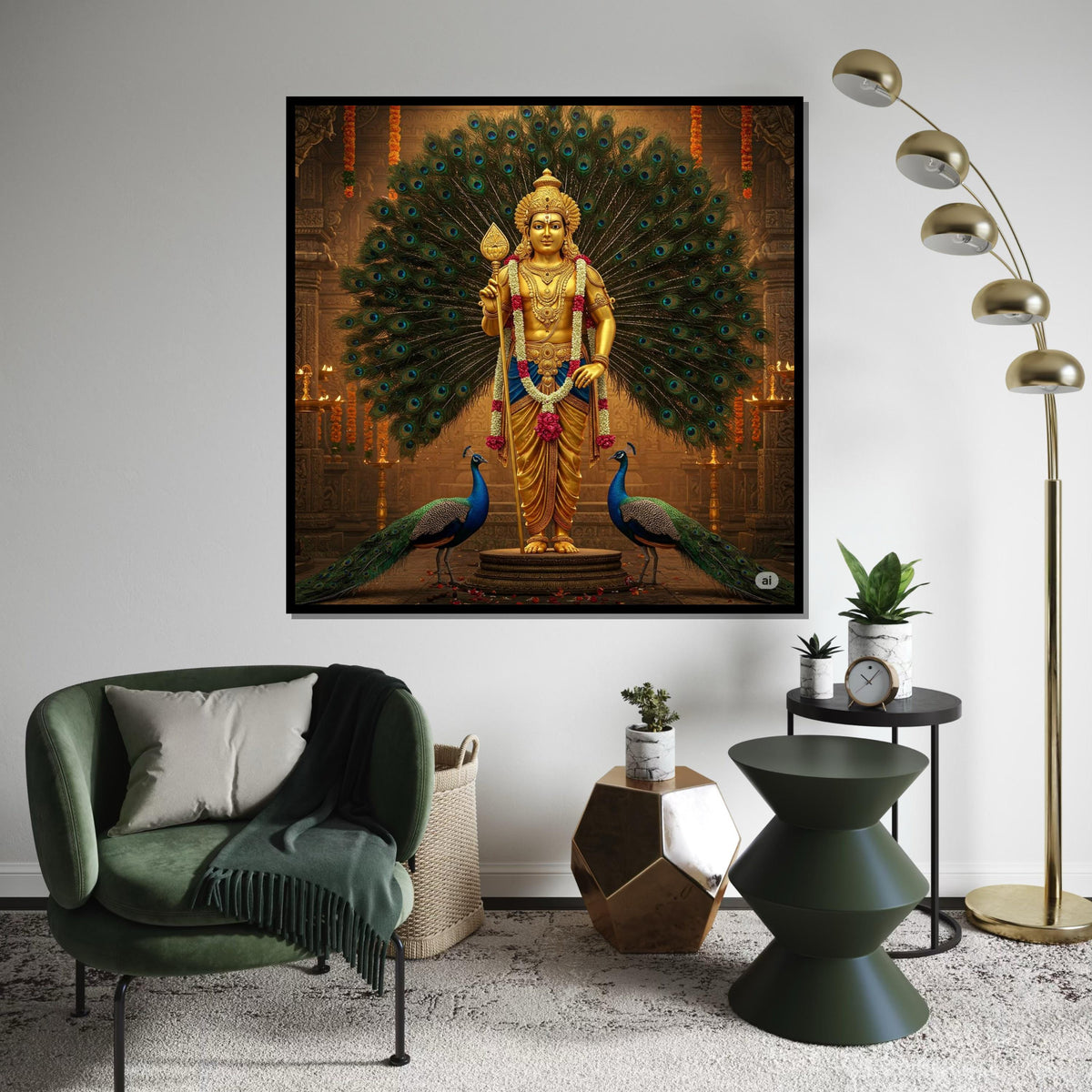 Murugan Hindu God Canvas Print – Golden Kartikeya with Peacocks Spiritual Painting, Large Indian Mythology Wall Art for Meditation Decor
