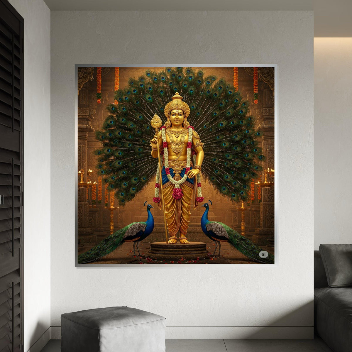 Murugan Hindu God Canvas Print – Golden Kartikeya with Peacocks Spiritual Painting, Large Indian Mythology Wall Art for Meditation Decor