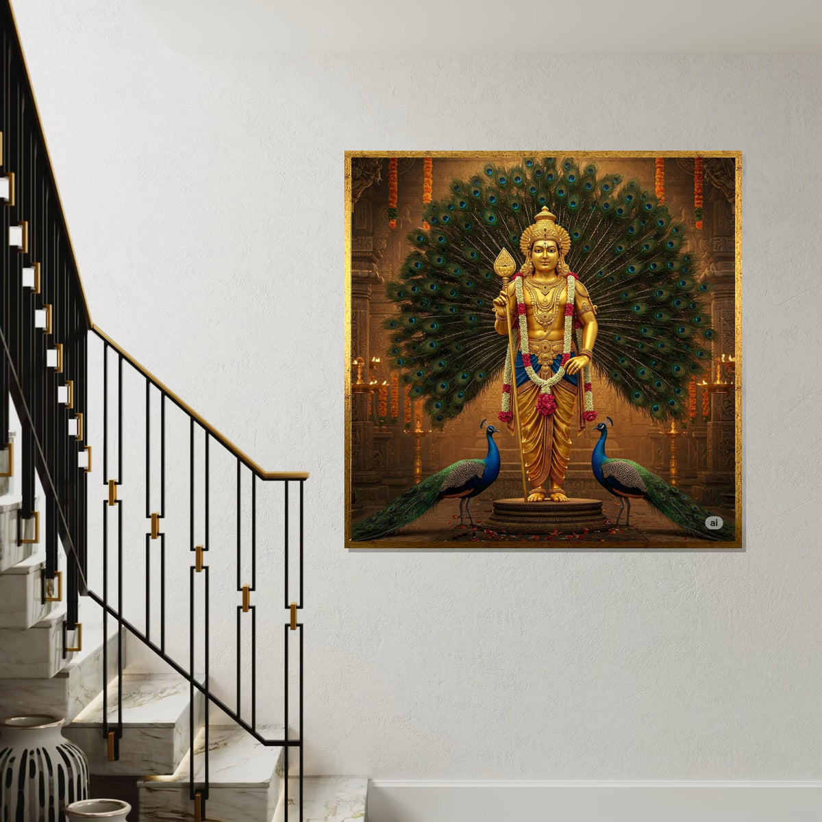 Murugan Hindu God Canvas Print – Golden Kartikeya with Peacocks Spiritual Painting, Large Indian Mythology Wall Art for Meditation Decor