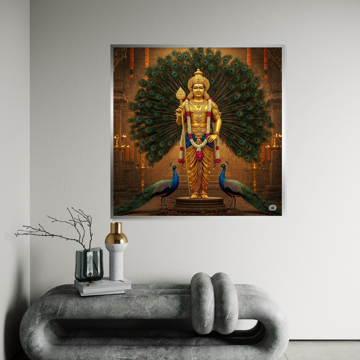 Murugan Hindu God Canvas Print – Golden Kartikeya with Peacocks Spiritual Painting, Large Indian Mythology Wall Art for Meditation Decor