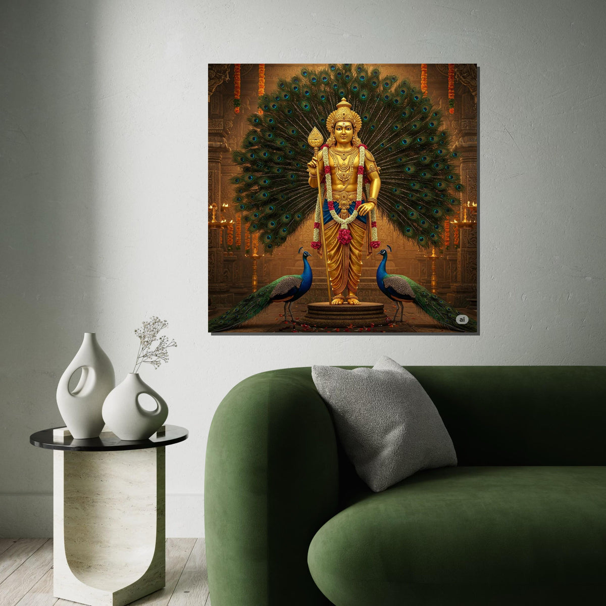 Murugan Hindu God Canvas Print – Golden Kartikeya with Peacocks Spiritual Painting, Large Indian Mythology Wall Art for Meditation Decor