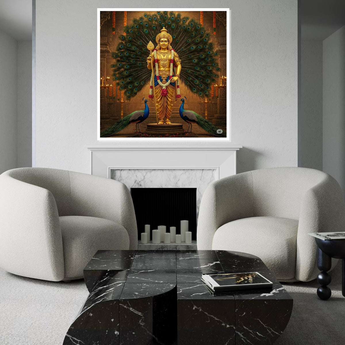 Murugan Hindu God Canvas Print – Golden Kartikeya with Peacocks Spiritual Painting, Large Indian Mythology Wall Art for Meditation Decor