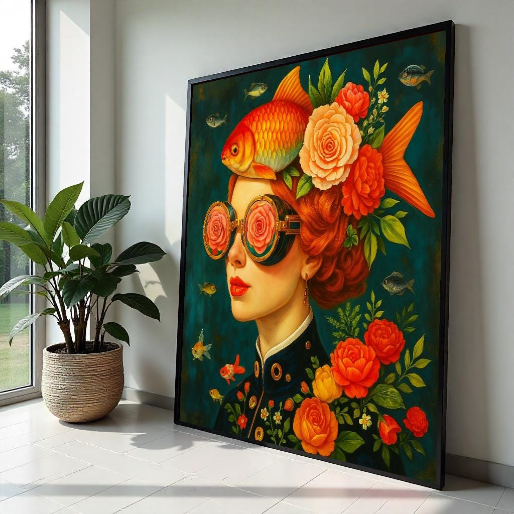 Goldfish Woman Surreal Portrait Canvas Print, Whimsical Floral Steampunk Girl Wall Art in Orange Teal, Modern Pop Art for Living Room Decor