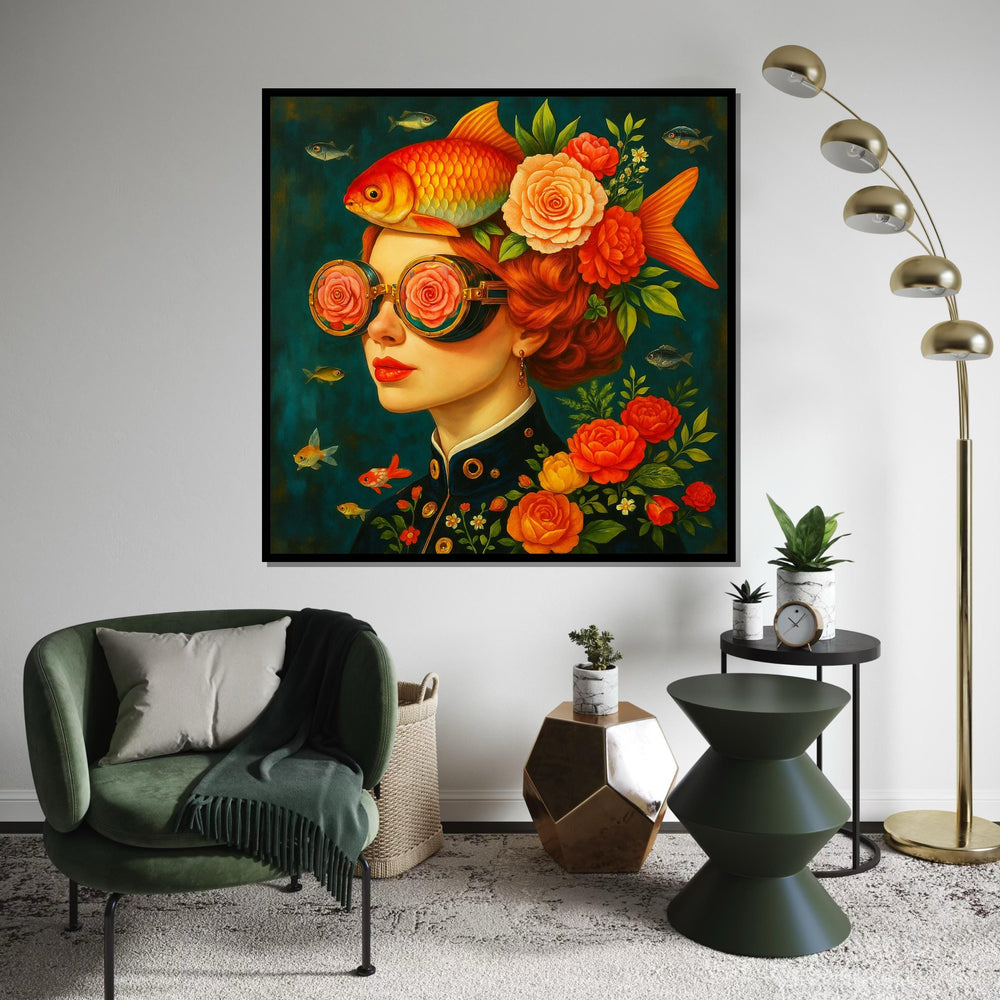 Goldfish Woman Surreal Portrait Canvas Print, Whimsical Floral Steampunk Girl Wall Art in Orange Teal, Modern Pop Art for Living Room Decor