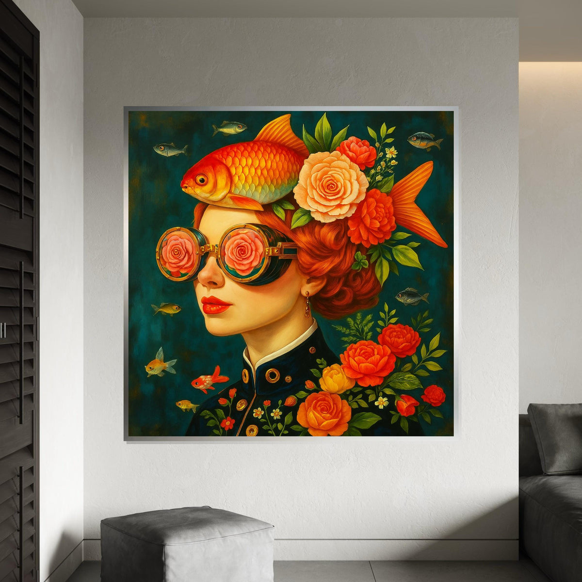 Goldfish Woman Surreal Portrait Canvas Print, Whimsical Floral Steampunk Girl Wall Art in Orange Teal, Modern Pop Art for Living Room Decor
