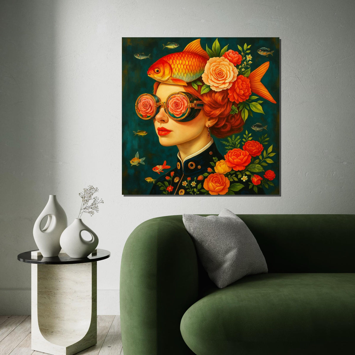 Goldfish Woman Surreal Portrait Canvas Print, Whimsical Floral Steampunk Girl Wall Art in Orange Teal, Modern Pop Art for Living Room Decor