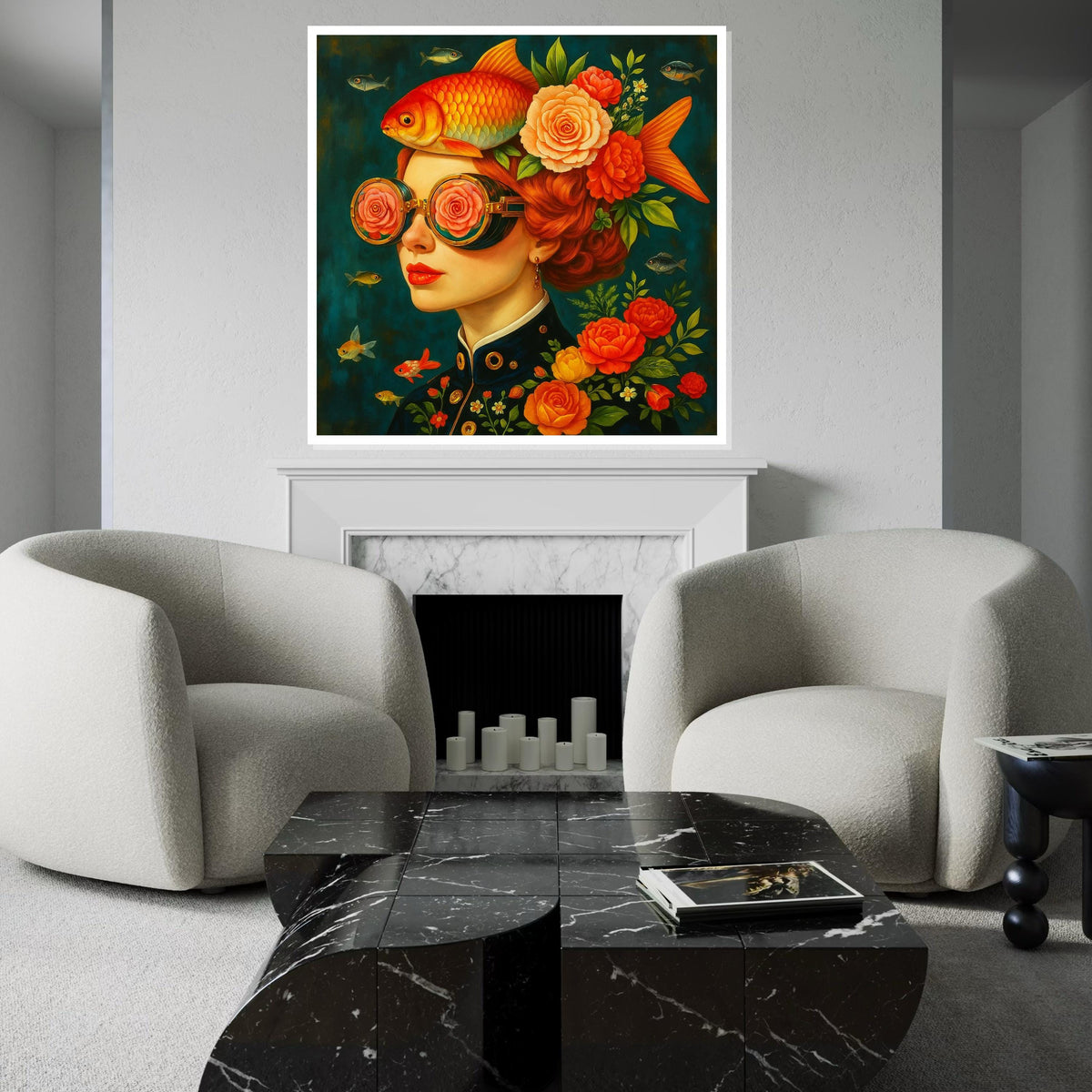 Goldfish Woman Surreal Portrait Canvas Print, Whimsical Floral Steampunk Girl Wall Art in Orange Teal, Modern Pop Art for Living Room Decor