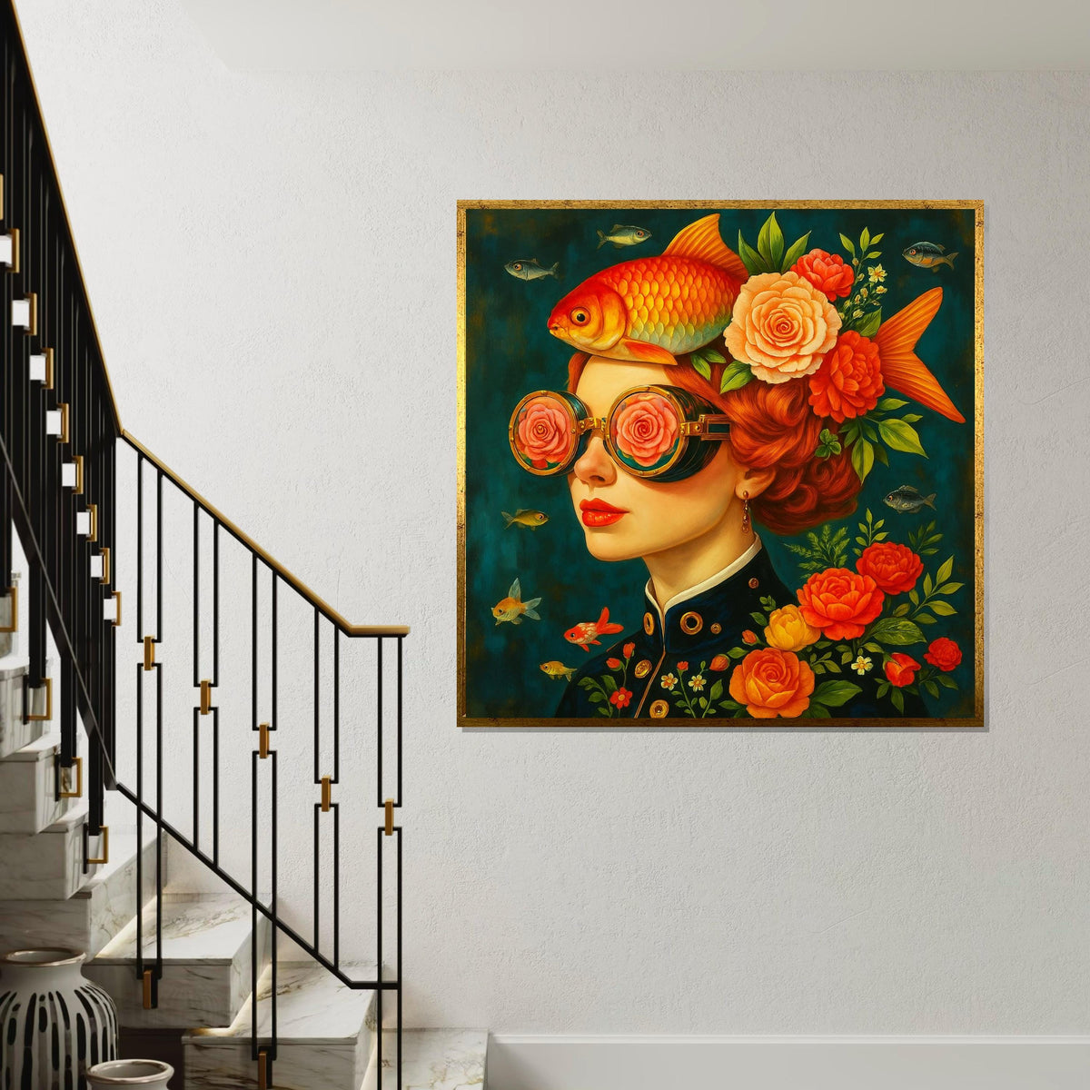 Goldfish Woman Surreal Portrait Canvas Print, Whimsical Floral Steampunk Girl Wall Art in Orange Teal, Modern Pop Art for Living Room Decor