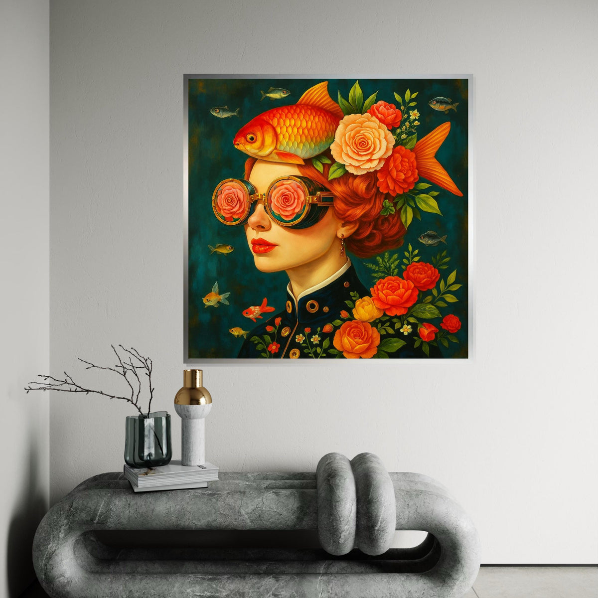 Goldfish Woman Surreal Portrait Canvas Print, Whimsical Floral Steampunk Girl Wall Art in Orange Teal, Modern Pop Art for Living Room Decor