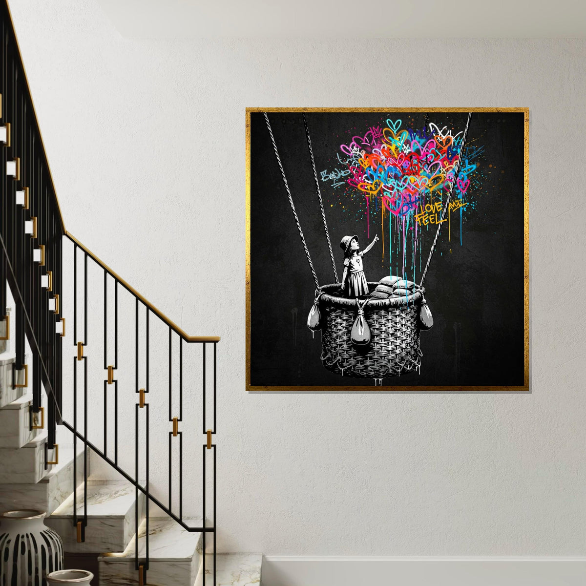Girl with Balloon Banksy Style Graffiti Canvas Print,Colorful Hearts Hot Air Balloon Street Art, Urban Pop Painting, Ready to Hang