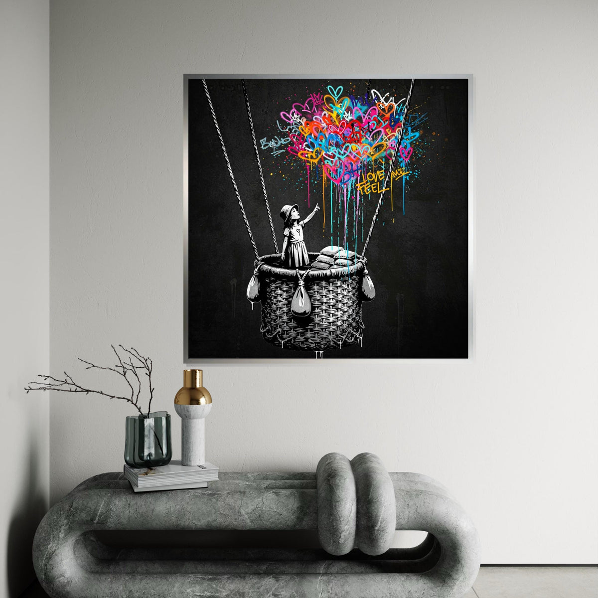 Girl with Balloon Banksy Style Graffiti Canvas Print,Colorful Hearts Hot Air Balloon Street Art, Urban Pop Painting, Ready to Hang