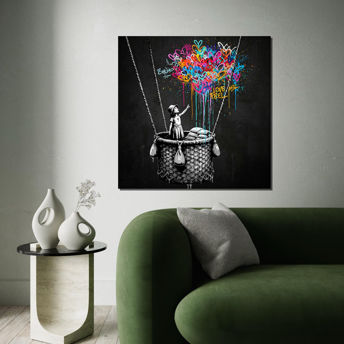 Girl with Balloon Banksy Style Graffiti Canvas Print,Colorful Hearts Hot Air Balloon Street Art, Urban Pop Painting, Ready to Hang