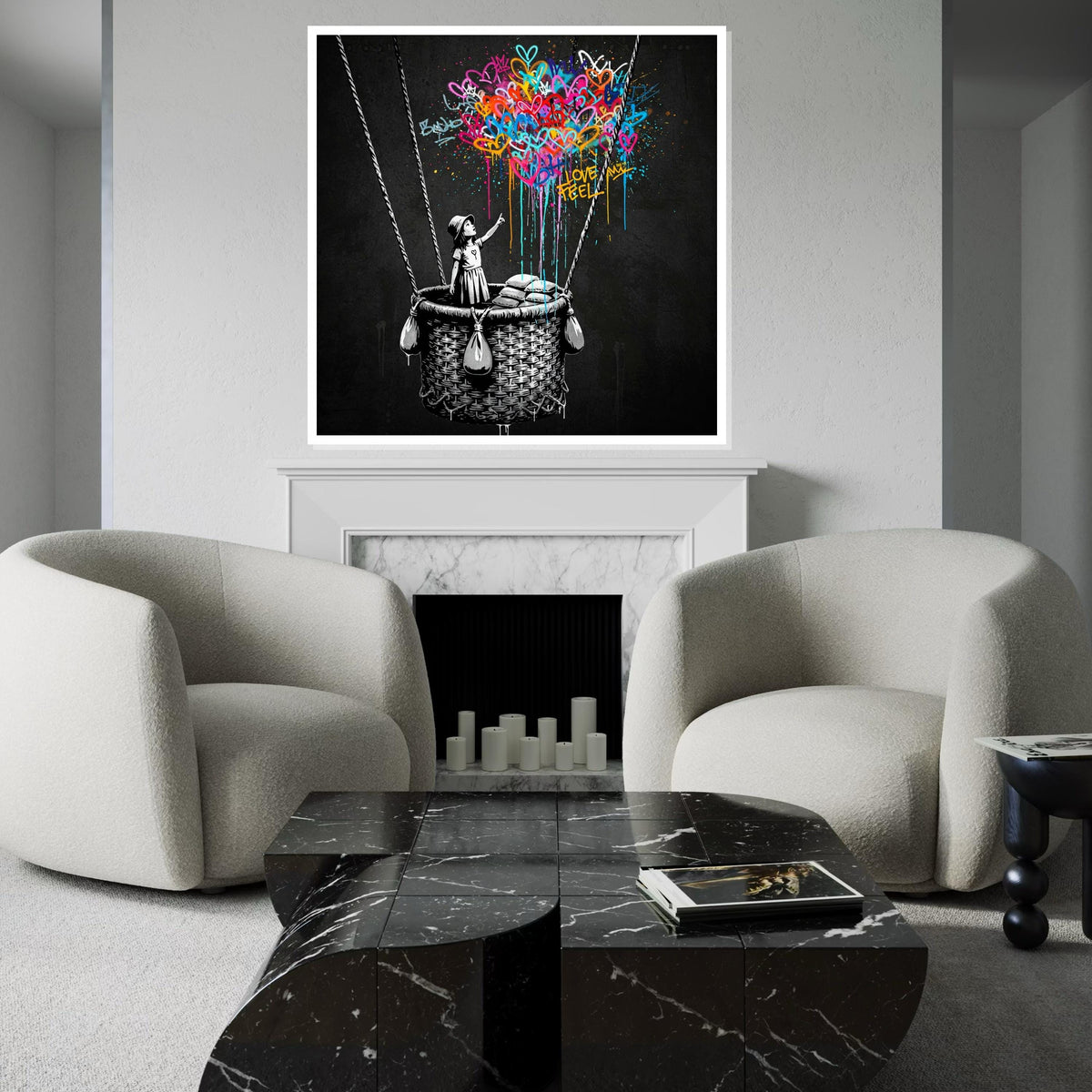 Girl with Balloon Banksy Style Graffiti Canvas Print,Colorful Hearts Hot Air Balloon Street Art, Urban Pop Painting, Ready to Hang