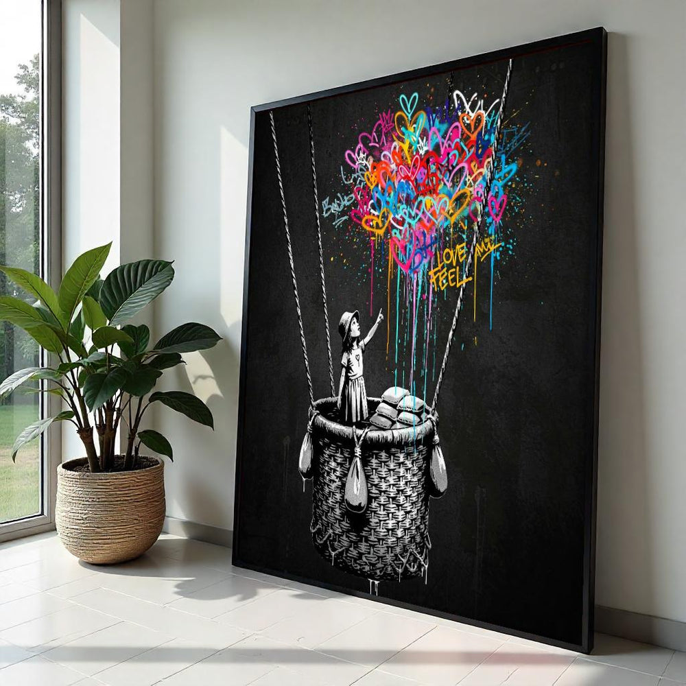 Girl with Balloon Banksy Style Graffiti Canvas Print,Colorful Hearts Hot Air Balloon Street Art, Urban Pop Painting, Ready to Hang