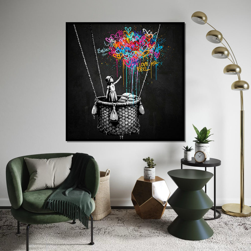 Girl with Balloon Banksy Style Graffiti Canvas Print,Colorful Hearts Hot Air Balloon Street Art, Urban Pop Painting, Ready to Hang