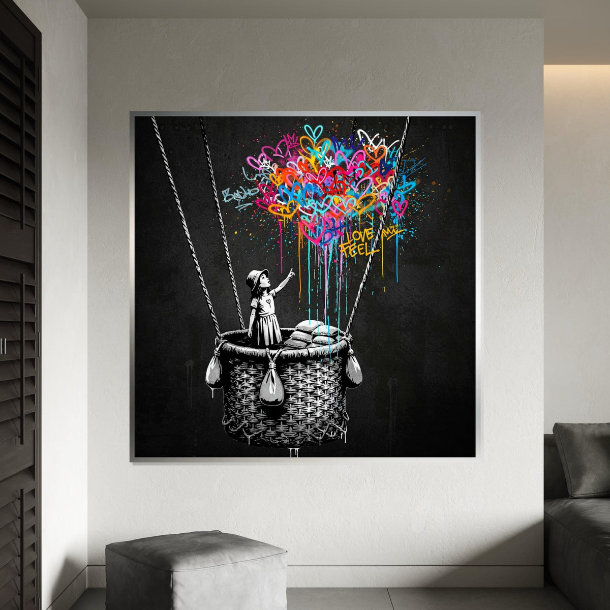 Girl with Balloon Banksy Style Graffiti Canvas Print,Colorful Hearts Hot Air Balloon Street Art, Urban Pop Painting, Ready to Hang