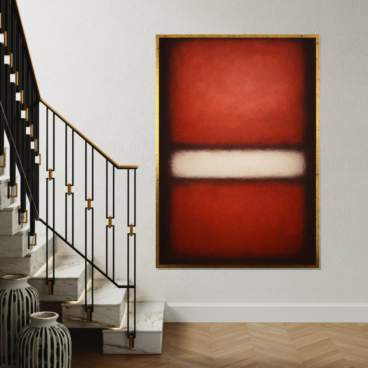 Red,White Stripe Abstract Canvas, Rothko Inspired Large Minimalist Wall Art, Bold Crimson Painting for Living Room Decor