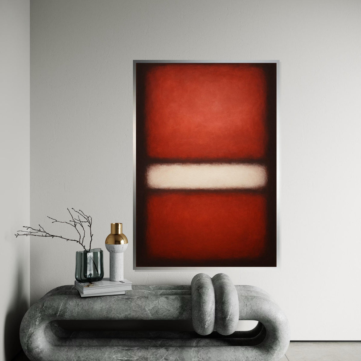 Red,White Stripe Abstract Canvas, Rothko Inspired Large Minimalist Wall Art, Bold Crimson Painting for Living Room Decor