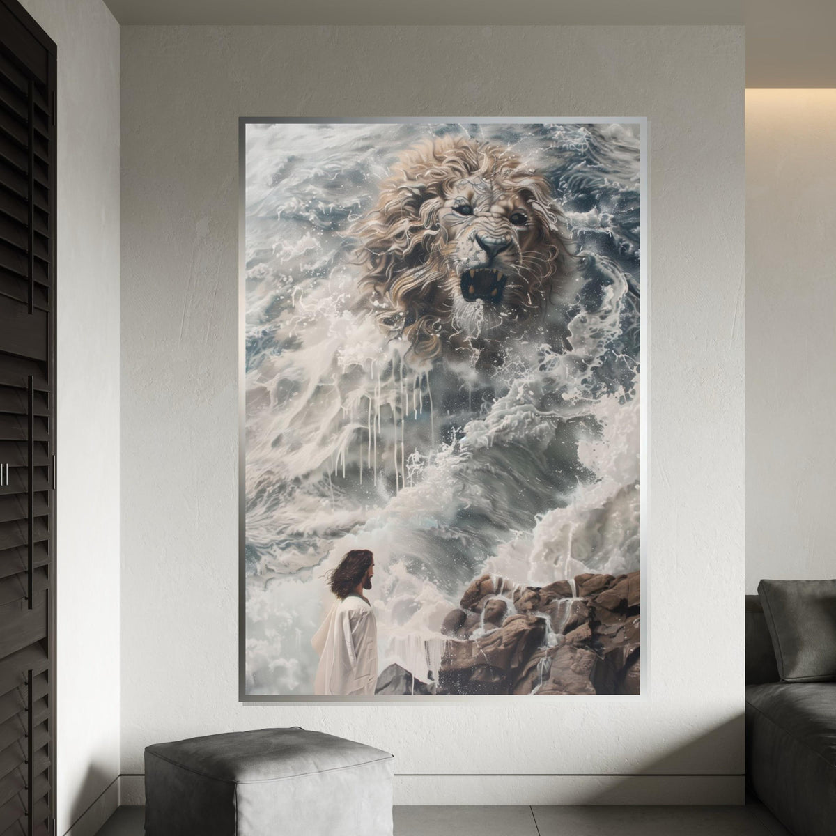 Fierce Lion in Waves Canvas, Ocean Spirit Art, Lion Wall Art, Canvas Design, Ready to Hang, Inspirational Animal Artwork