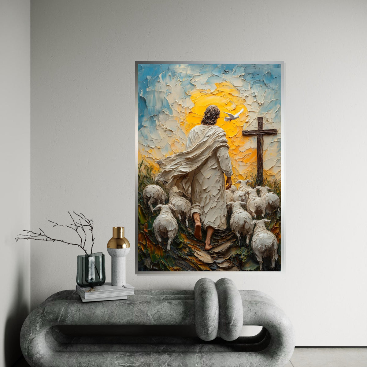 Shepherd Canvas Art, Religious Wall Art, Jesus with Sheep Canvas, Spiritual Art, Wall Art Canvas Design, Ready to Hang Decoration