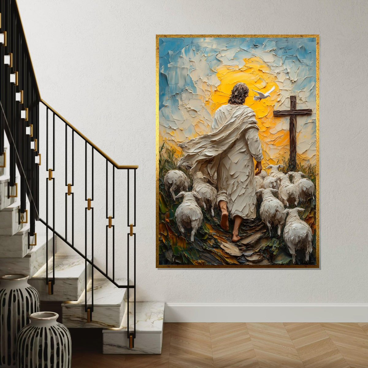 Shepherd Canvas Art, Religious Wall Art, Jesus with Sheep Canvas, Spiritual Art, Wall Art Canvas Design, Ready to Hang Decoration