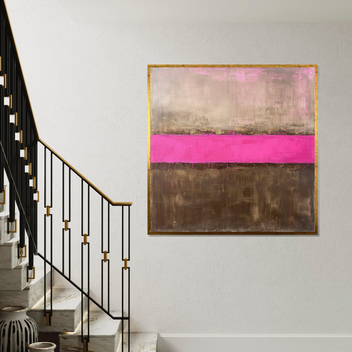 Hot Pink Stripe Oil-Painting Style Canvas Print - Gold and Brown Rothko Inspired Abstract Color Block Wall Art for Modern Living Room Decor
