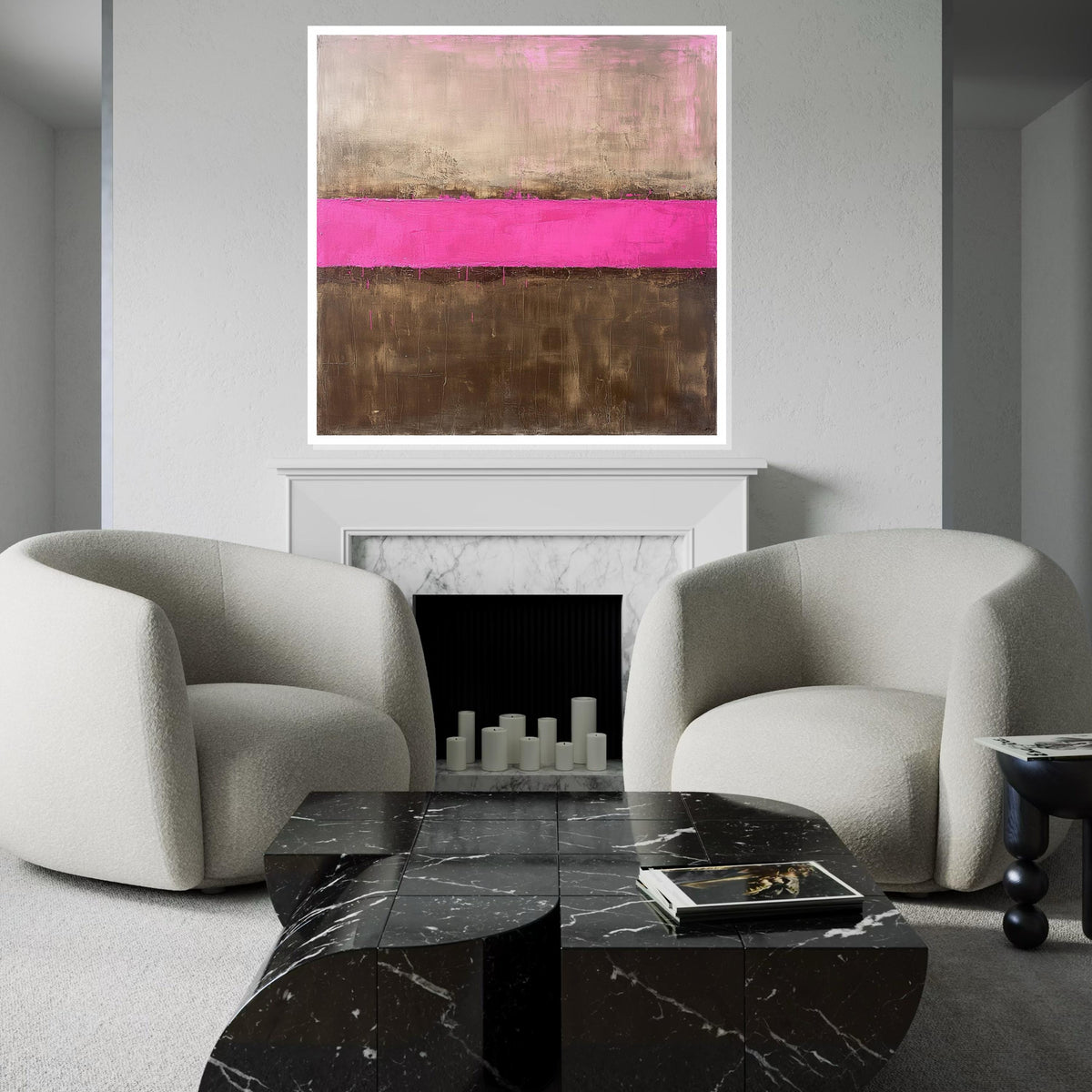 Hot Pink Stripe Oil-Painting Style Canvas Print - Gold and Brown Rothko Inspired Abstract Color Block Wall Art for Modern Living Room Decor
