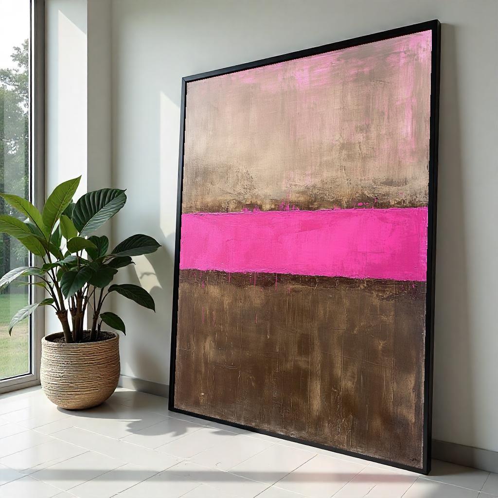 Hot Pink Stripe Oil-Painting Style Canvas Print - Gold and Brown Rothko Inspired Abstract Color Block Wall Art for Modern Living Room Decor