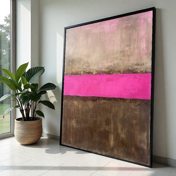 Hot Pink Stripe Oil-Painting Style Canvas Print - Gold and Brown Rothko Inspired Abstract Color Block Wall Art for Modern Living Room Decor