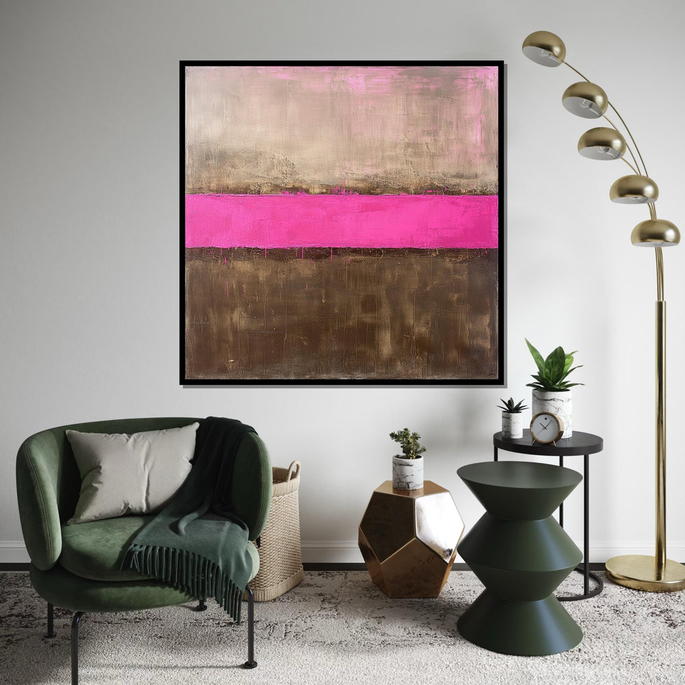Hot Pink Stripe Oil-Painting Style Canvas Print - Gold and Brown Rothko Inspired Abstract Color Block Wall Art for Modern Living Room Decor