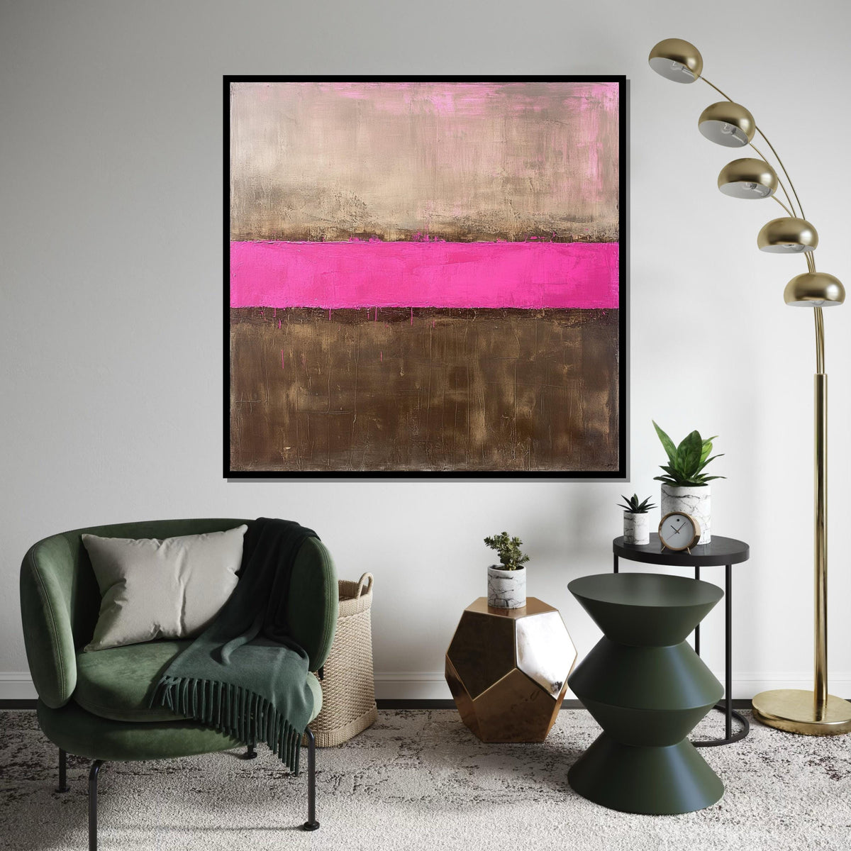 Hot Pink Stripe Oil-Painting Style Canvas Print - Gold and Brown Rothko Inspired Abstract Color Block Wall Art for Modern Living Room Decor