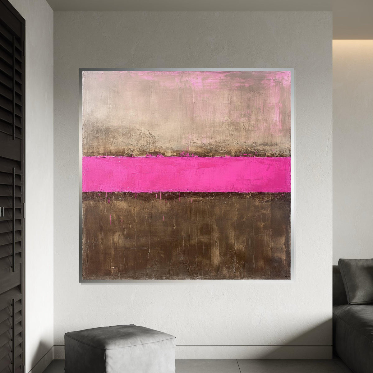 Hot Pink Stripe Oil-Painting Style Canvas Print - Gold and Brown Rothko Inspired Abstract Color Block Wall Art for Modern Living Room Decor