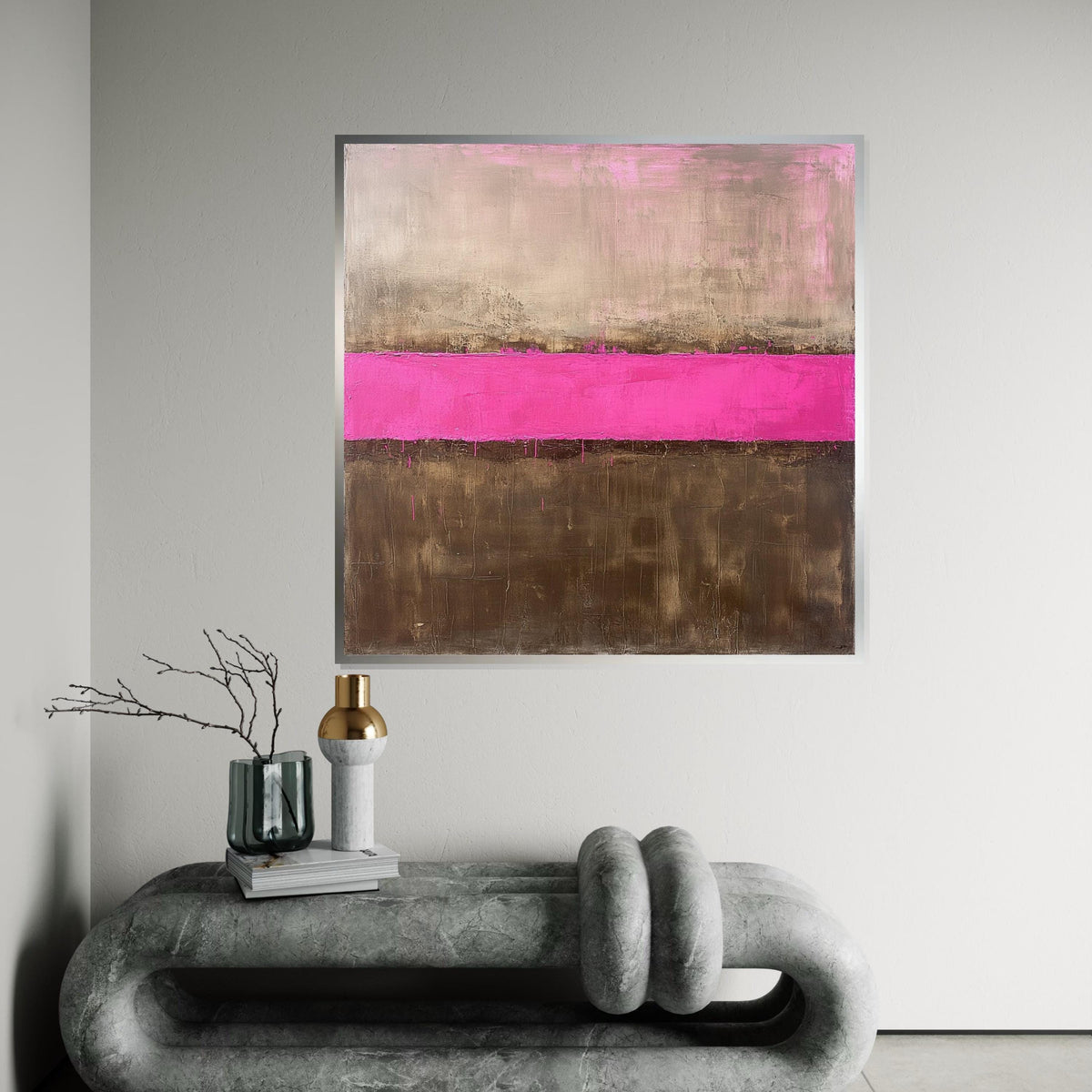 Hot Pink Stripe Oil-Painting Style Canvas Print - Gold and Brown Rothko Inspired Abstract Color Block Wall Art for Modern Living Room Decor
