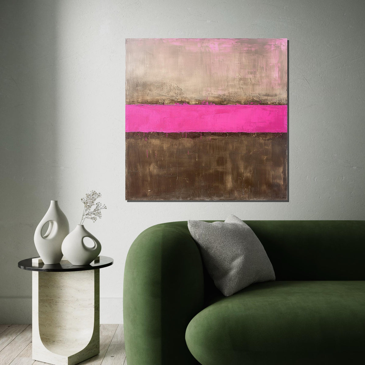 Hot Pink Stripe Oil-Painting Style Canvas Print - Gold and Brown Rothko Inspired Abstract Color Block Wall Art for Modern Living Room Decor