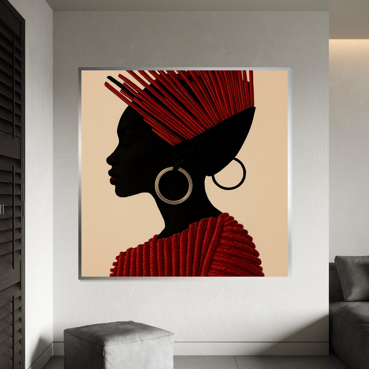 Red Elegant Profile Canvas, African Tribal Art, Modern Woman Silhouette, Wall Art Canvas Design, Ready to Hang Decoration