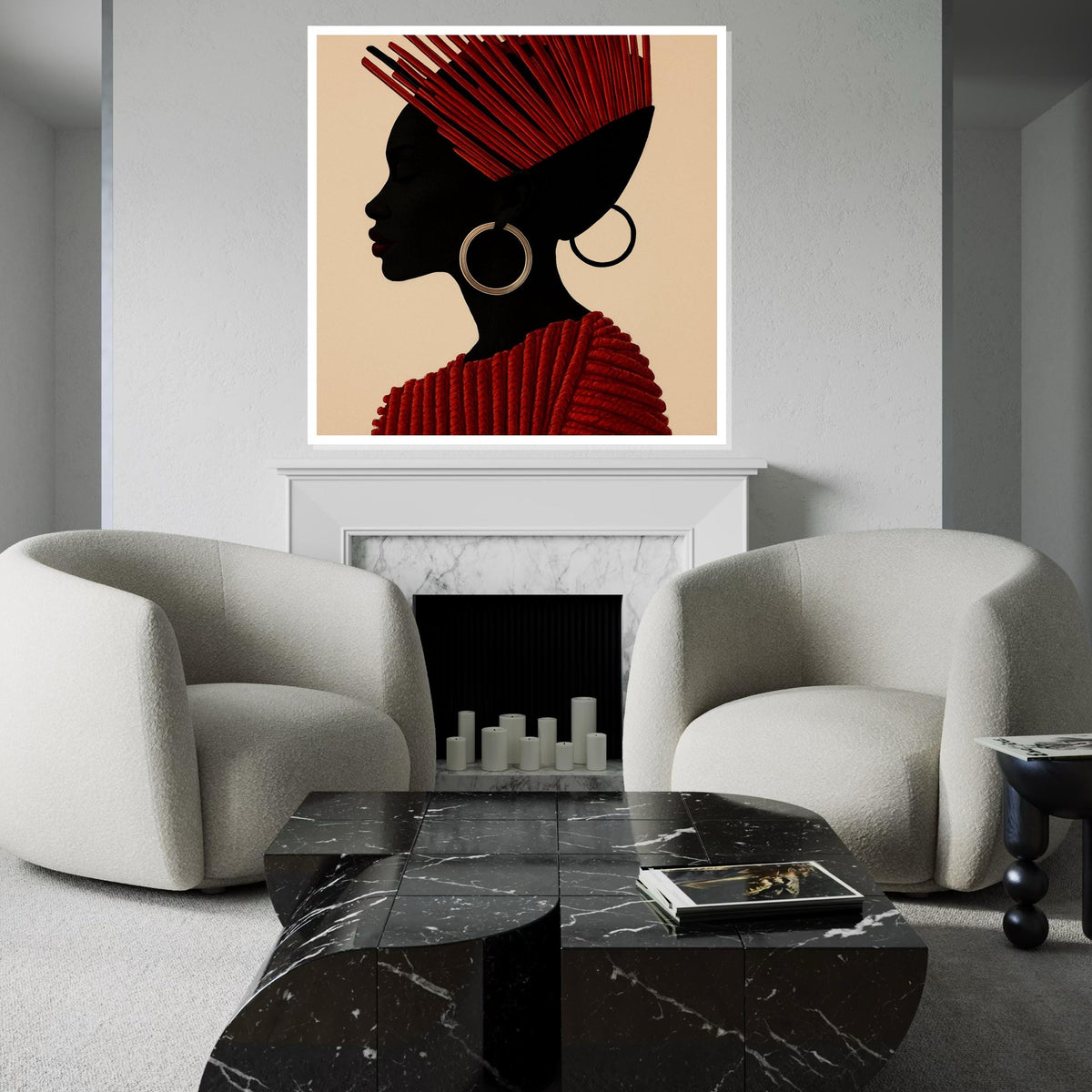 Red Elegant Profile Canvas, African Tribal Art, Modern Woman Silhouette, Wall Art Canvas Design, Ready to Hang Decoration