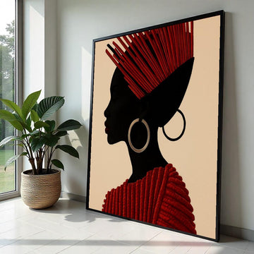 Red Elegant Profile Canvas, African Tribal Art, Modern Woman Silhouette, Wall Art Canvas Design, Ready to Hang Decoration