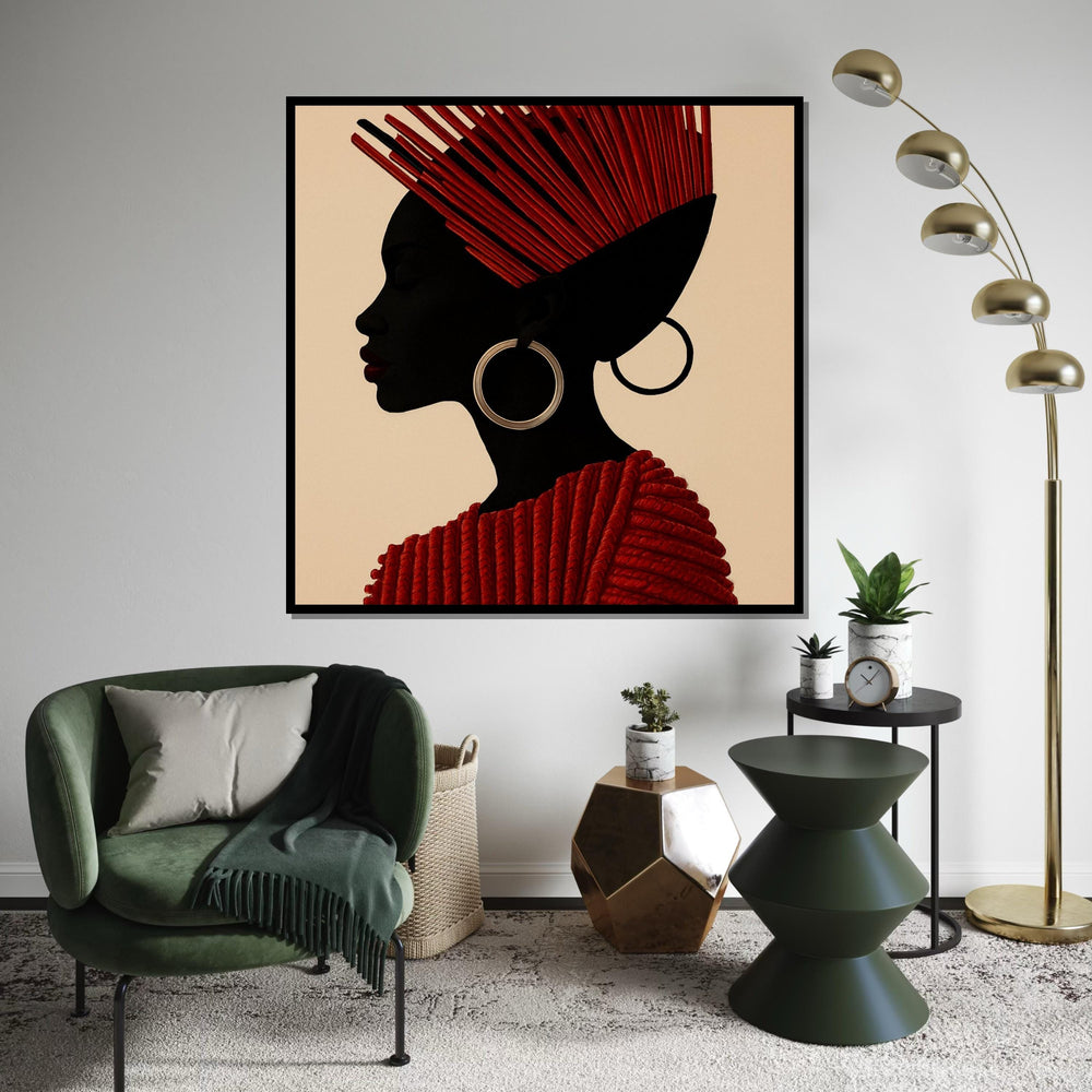 Red Elegant Profile Canvas, African Tribal Art, Modern Woman Silhouette, Wall Art Canvas Design, Ready to Hang Decoration