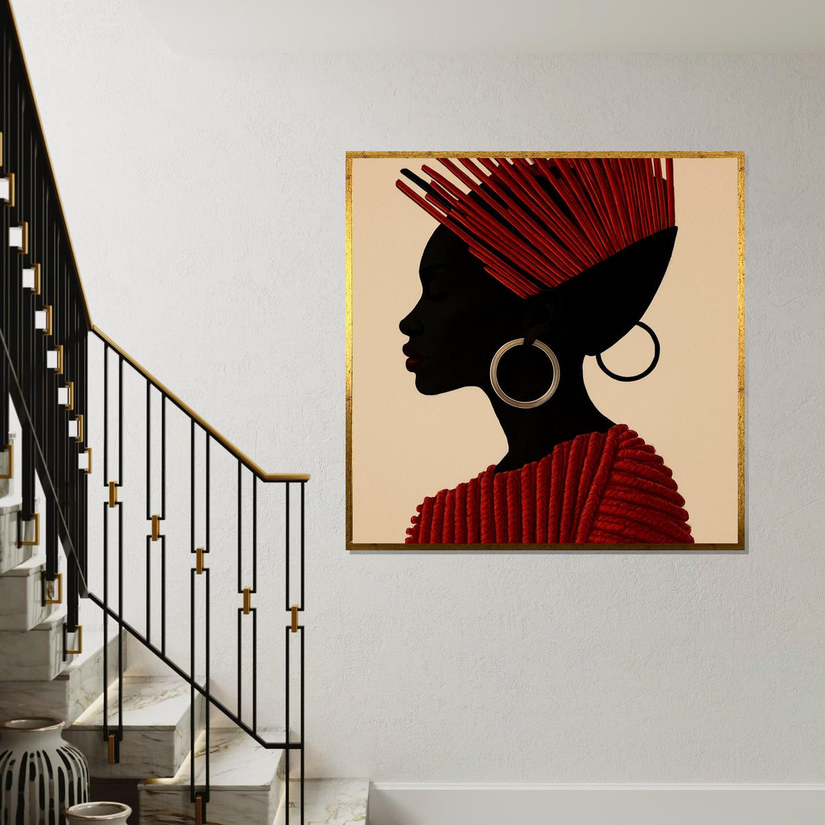 Red Elegant Profile Canvas, African Tribal Art, Modern Woman Silhouette, Wall Art Canvas Design, Ready to Hang Decoration