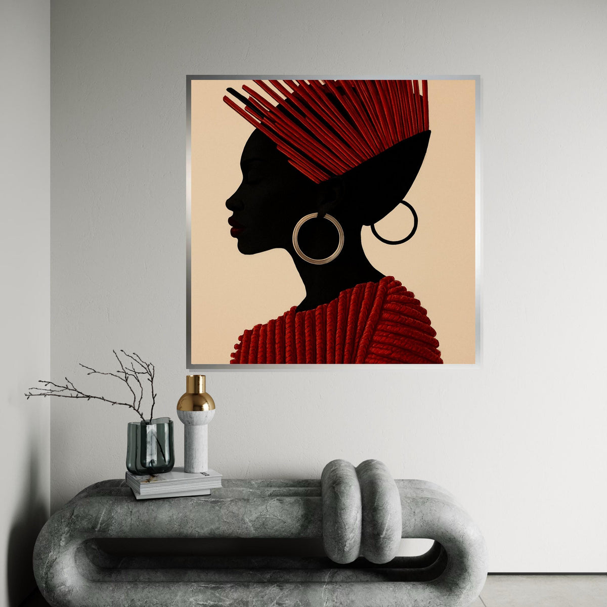 Red Elegant Profile Canvas, African Tribal Art, Modern Woman Silhouette, Wall Art Canvas Design, Ready to Hang Decoration