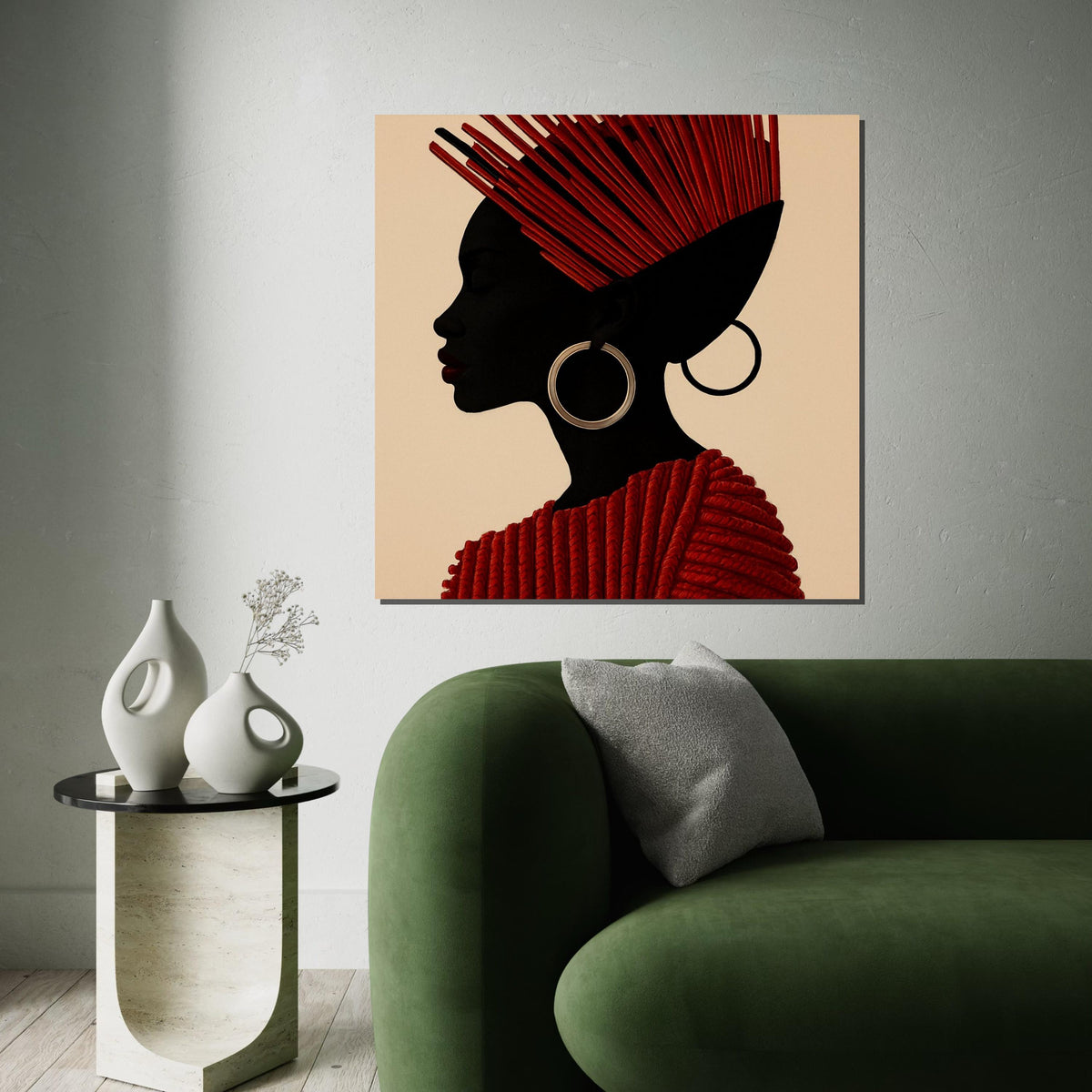 Red Elegant Profile Canvas, African Tribal Art, Modern Woman Silhouette, Wall Art Canvas Design, Ready to Hang Decoration