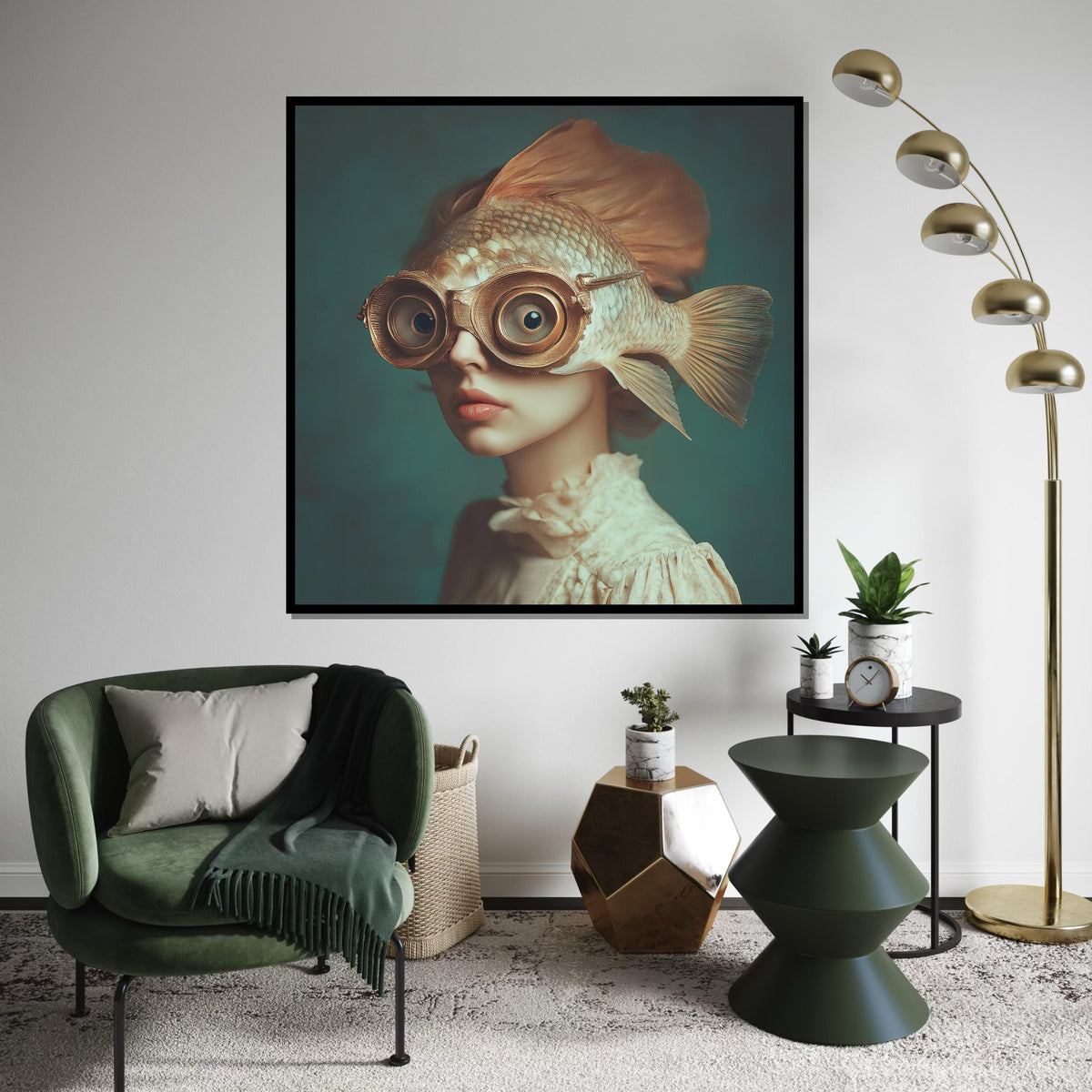 Surreal Fish-Helmet Woman Canvas Print – Oil-Painting Style Steampunk Portrait, Quirky Fantasy Wall Art for Bedroom or Office Decor