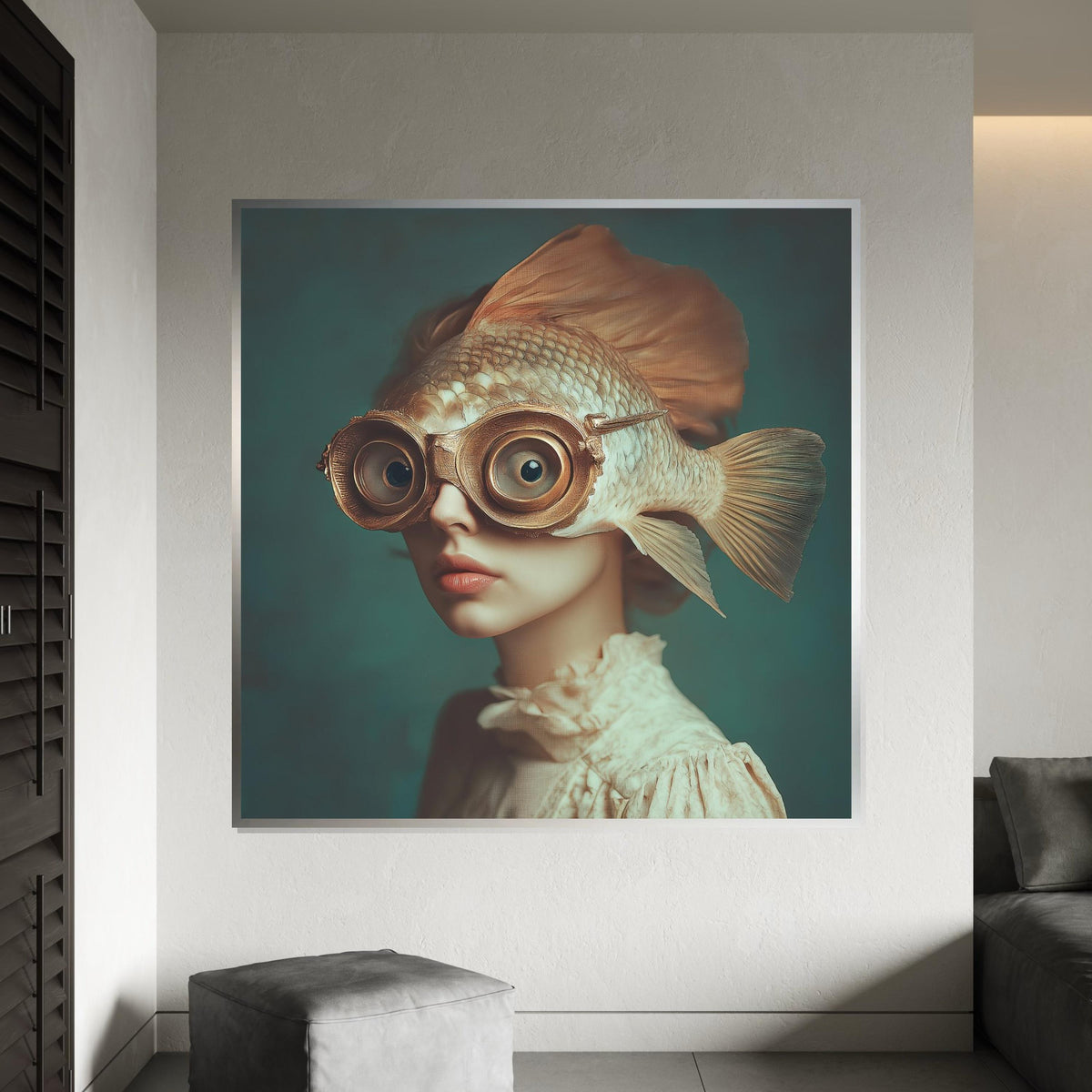 Surreal Fish-Helmet Woman Canvas Print – Oil-Painting Style Steampunk Portrait, Quirky Fantasy Wall Art for Bedroom or Office Decor