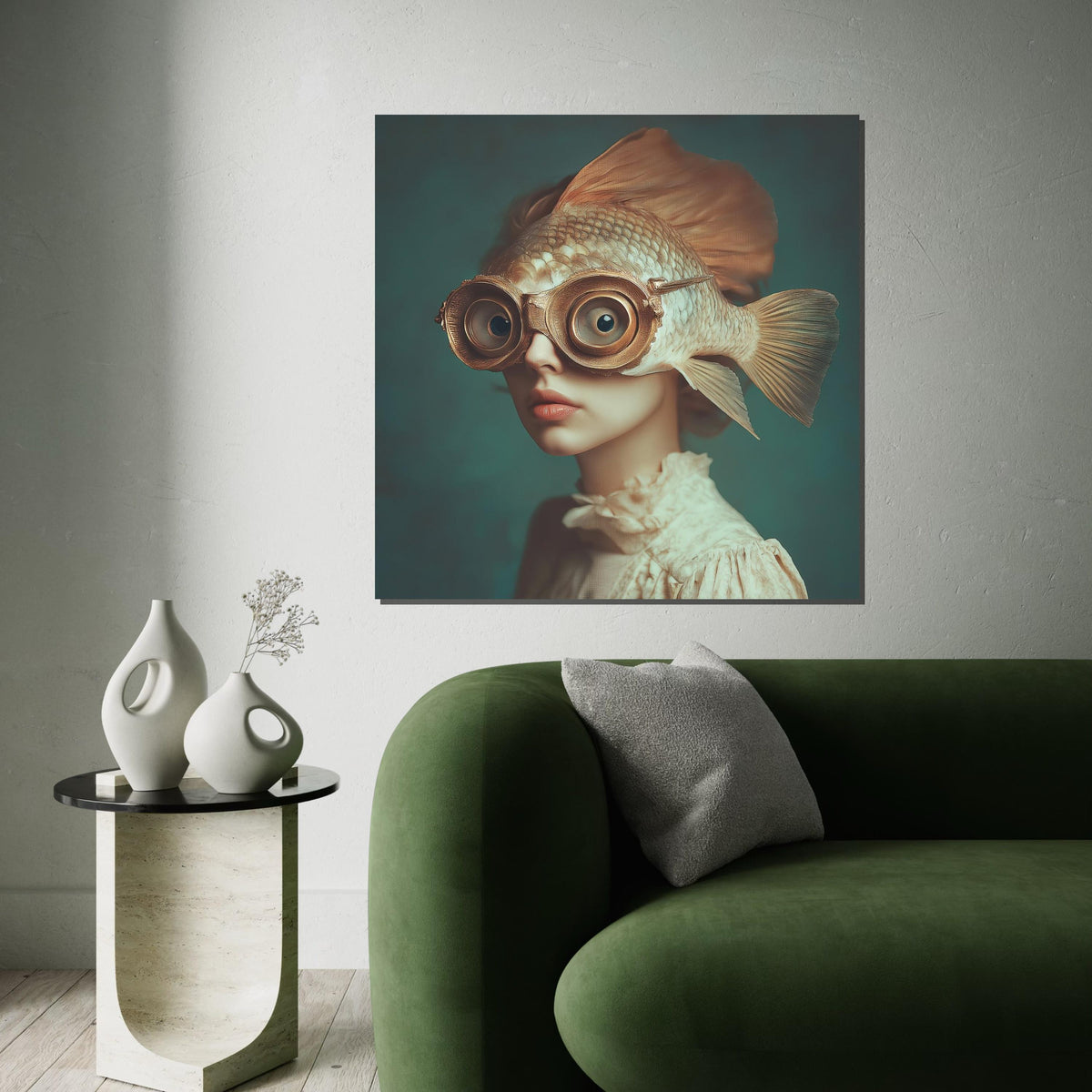 Surreal Fish-Helmet Woman Canvas Print – Oil-Painting Style Steampunk Portrait, Quirky Fantasy Wall Art for Bedroom or Office Decor
